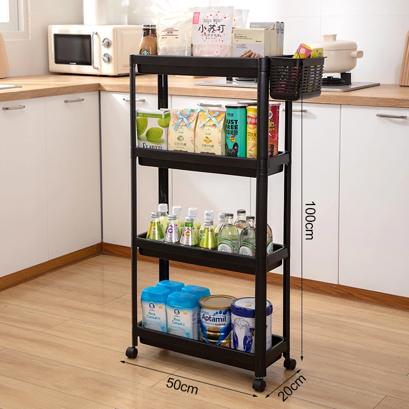 4 Layers Hot Selling Multi-Function Movable Plastic Slim Toys Fruit Vegetable Kitchen Bathroom Storage Rack with Wheels and Basket