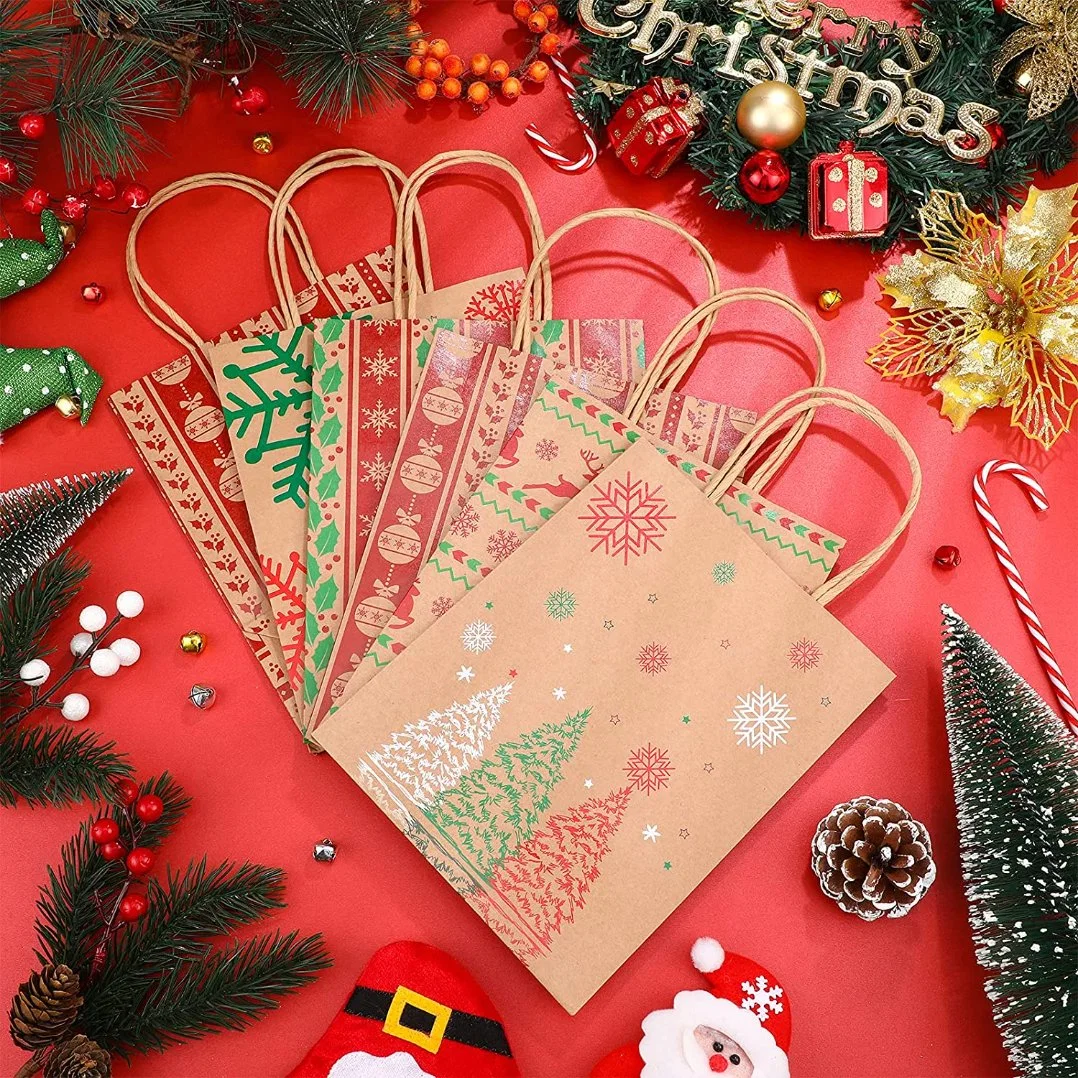 9 Inch Xmas Kraft Paper Bags Holiday Gift Bags Bulk with 6 Designs for Christmas Party Favor, Wrapping, Goody and Treat Present Bags