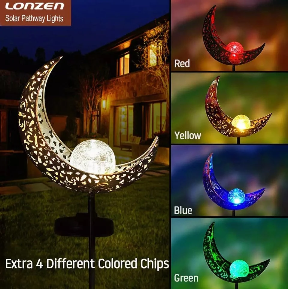 Moon Crackle Glass Globe Stake Metal Garden Solar LED Metal Lights for Lawn Patio