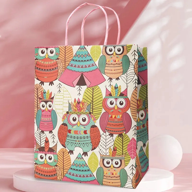 Custom Eco Friendly Cartoon Printed Colorful White Kraft Paper Bag Gift Paper Bag with Twisted Paper Handle