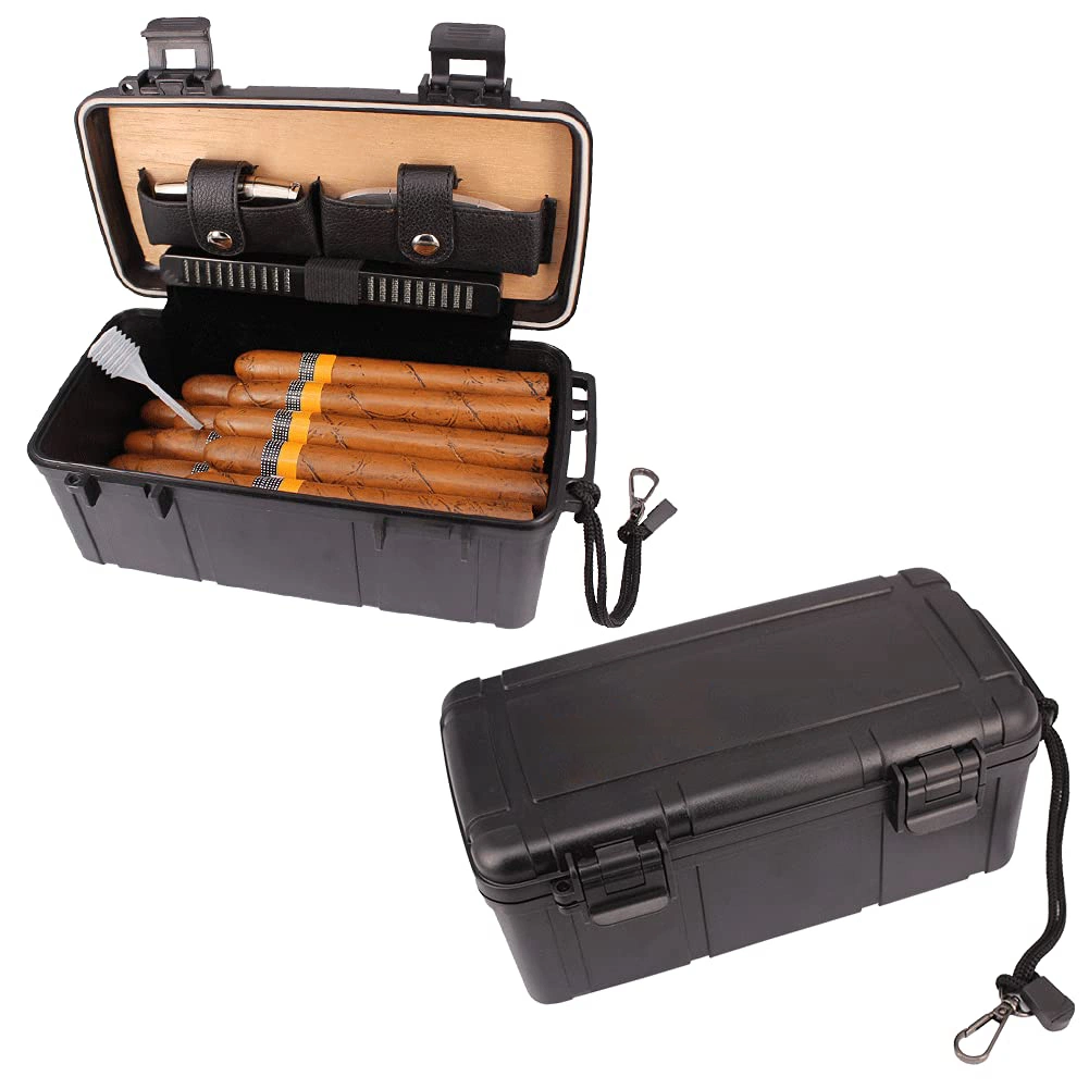 Black Durable Portable Cigar Humidor Case with Cutter and Lighter Gift Set Waterproof Crushproof Holds up to 15 Cigars