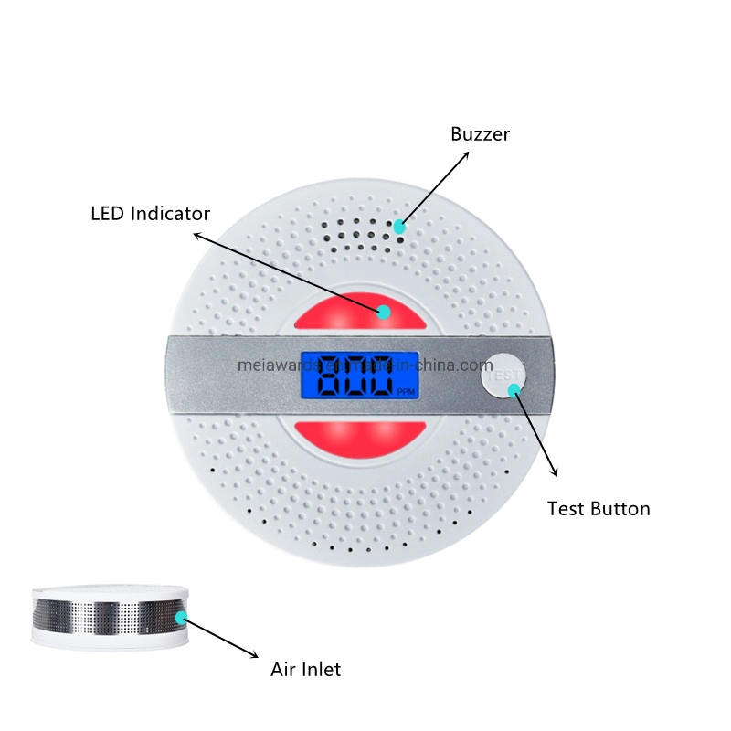 Nuevo diseño de la batería 3AA Alerta de humo Detector de humo y monóxido de carbono del Sensor de alarma de incendio con pantalla LCD