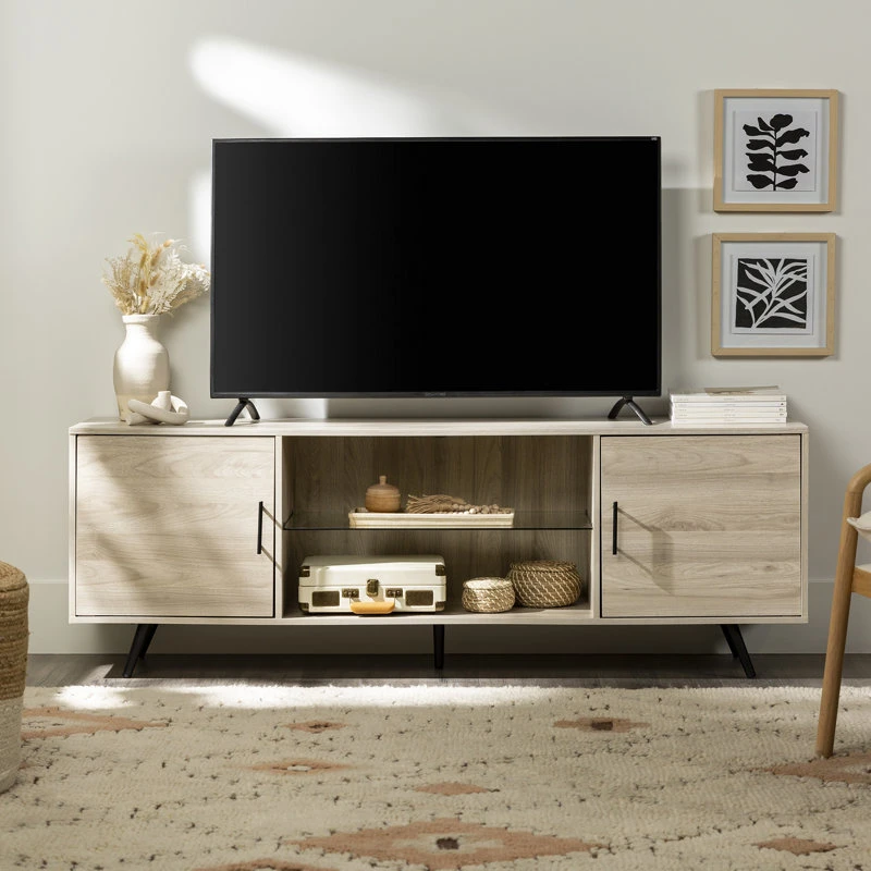 Wooden TV Stand with Glass Shelf Metal Handles