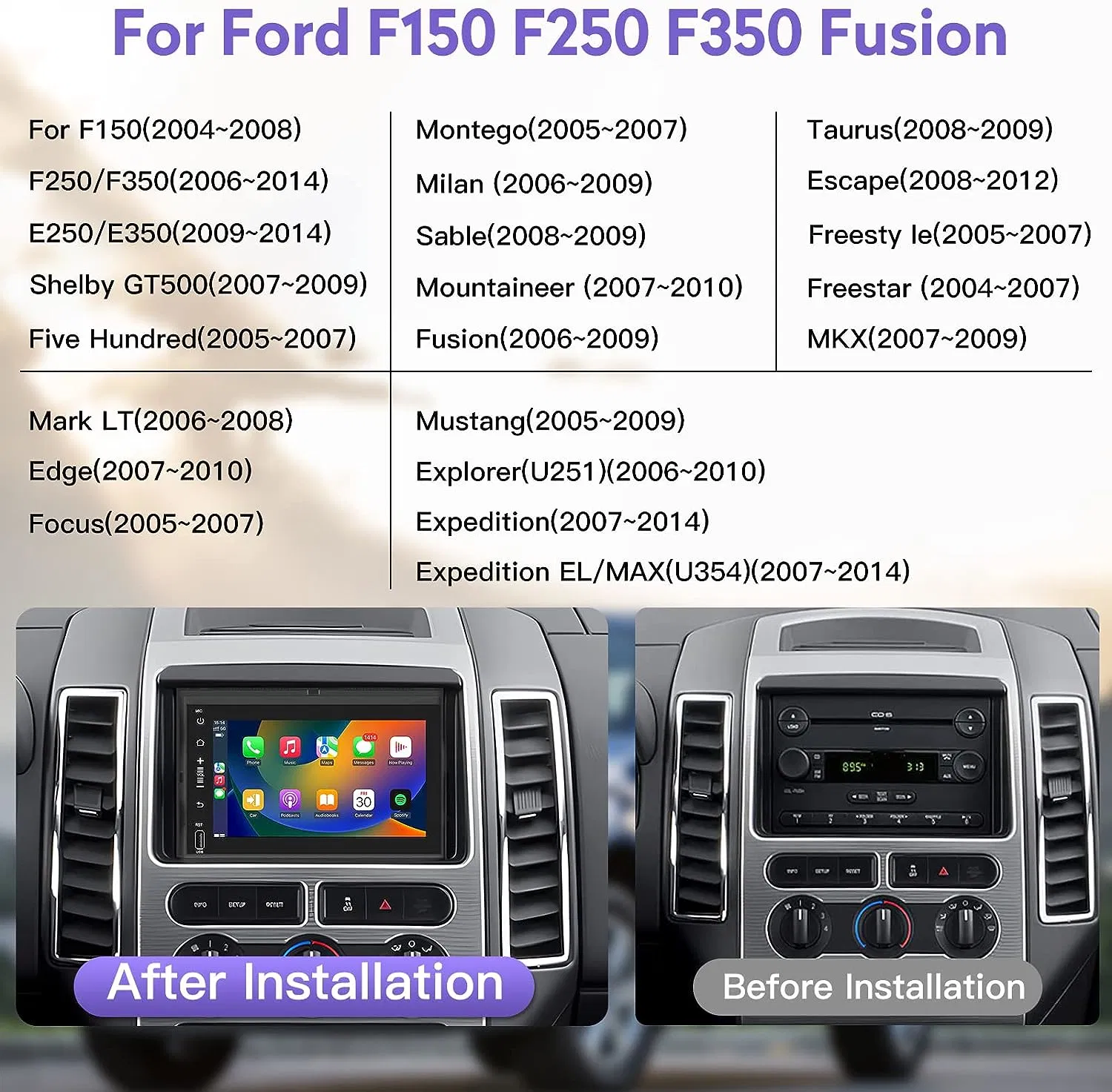 Android 12 de 7 polegadas estéreo para automóvel para Ford F150 F250 F350 com rádio para automóvel Apple CarPlay sem fios com Bluetooth GPS