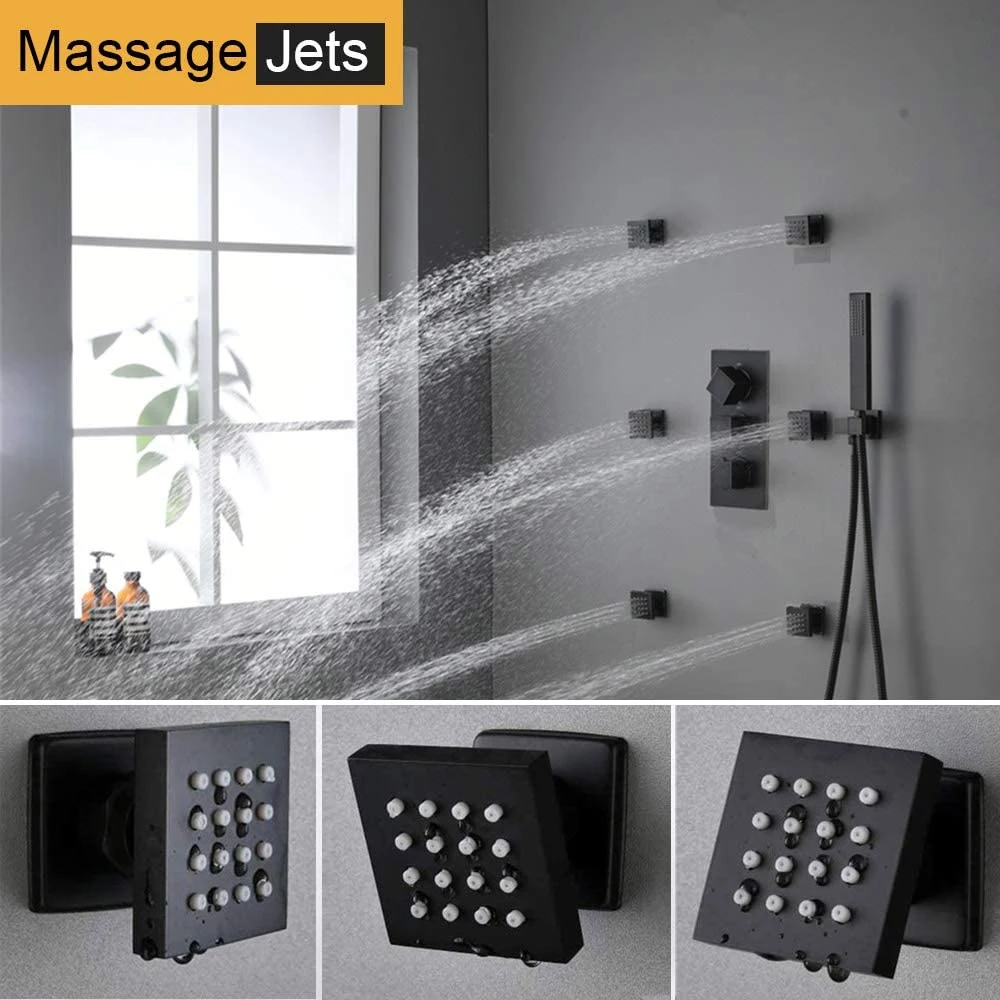 Matte-Black Rain Shower System - 16 Inch Ceiling Rainfall Square Head with Handheld Spray and Full Body Jets, Thermostatic Brass Valve Faucet Sets Complete