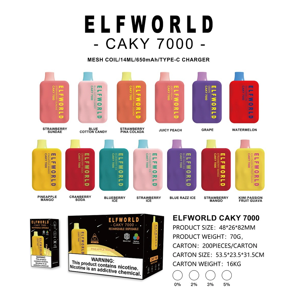 Elfworld Caky 7000 قابل للاستخدام من قبل Vape Electronic Cigarette سعة 14 مل في الولايات المتحدة الأمريكية تصميم Bc5000 OS5000