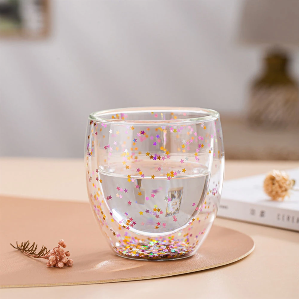Ins Flowered Star Glitter Wholesale Double Wall Glass Coffee Cup Lovely Bling 250ml 350ml Insulated Glass Double Wall Cup