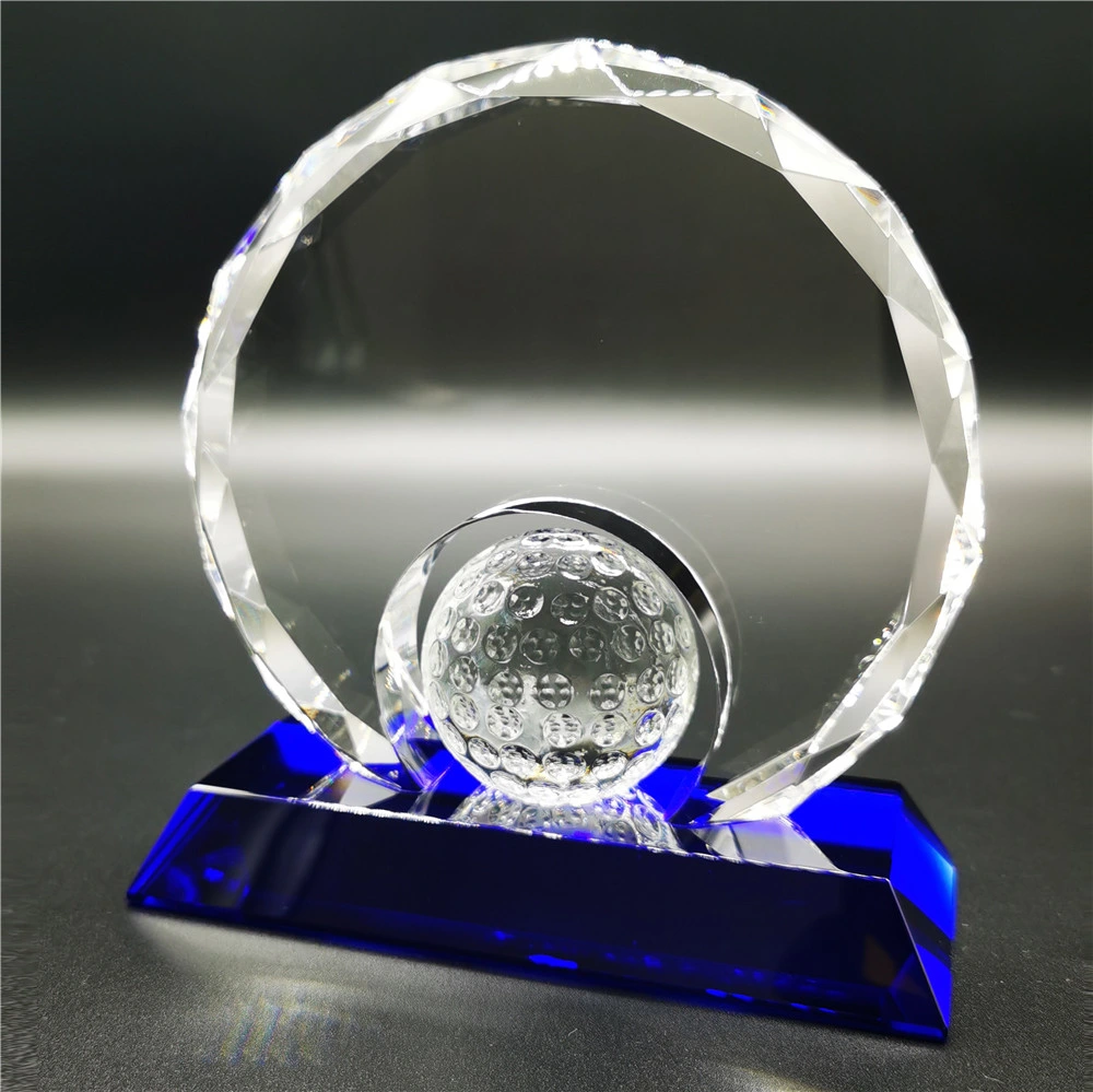 Diamond Cut Round Crystal Golf Awards. Blue Color Base