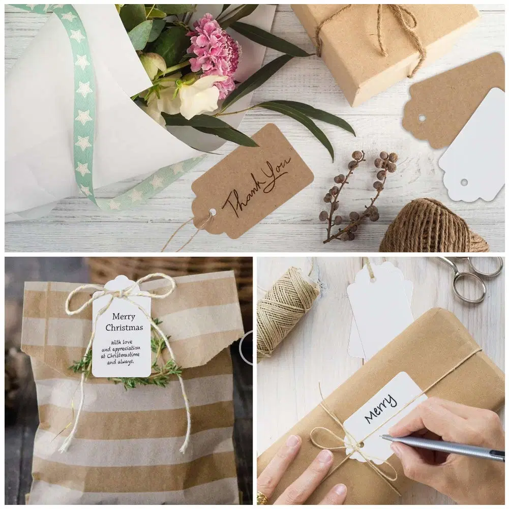 Personalizar etiquetas de regalo Papel Kraft ecológica con hilo de yute natural para la caja de regalo ropa