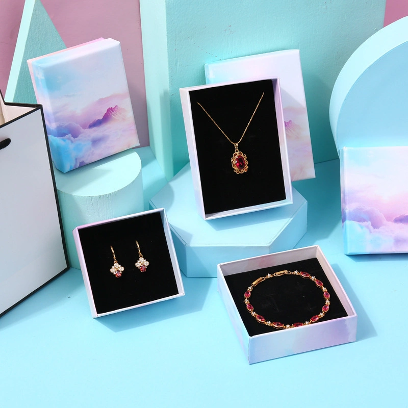 Exquisite Necklace and Earring Set Jewelry Box Gradient Color Bracelet Box Color Cloud Sky Ring Small Gift Packaging Box Custom Logo Printing Available