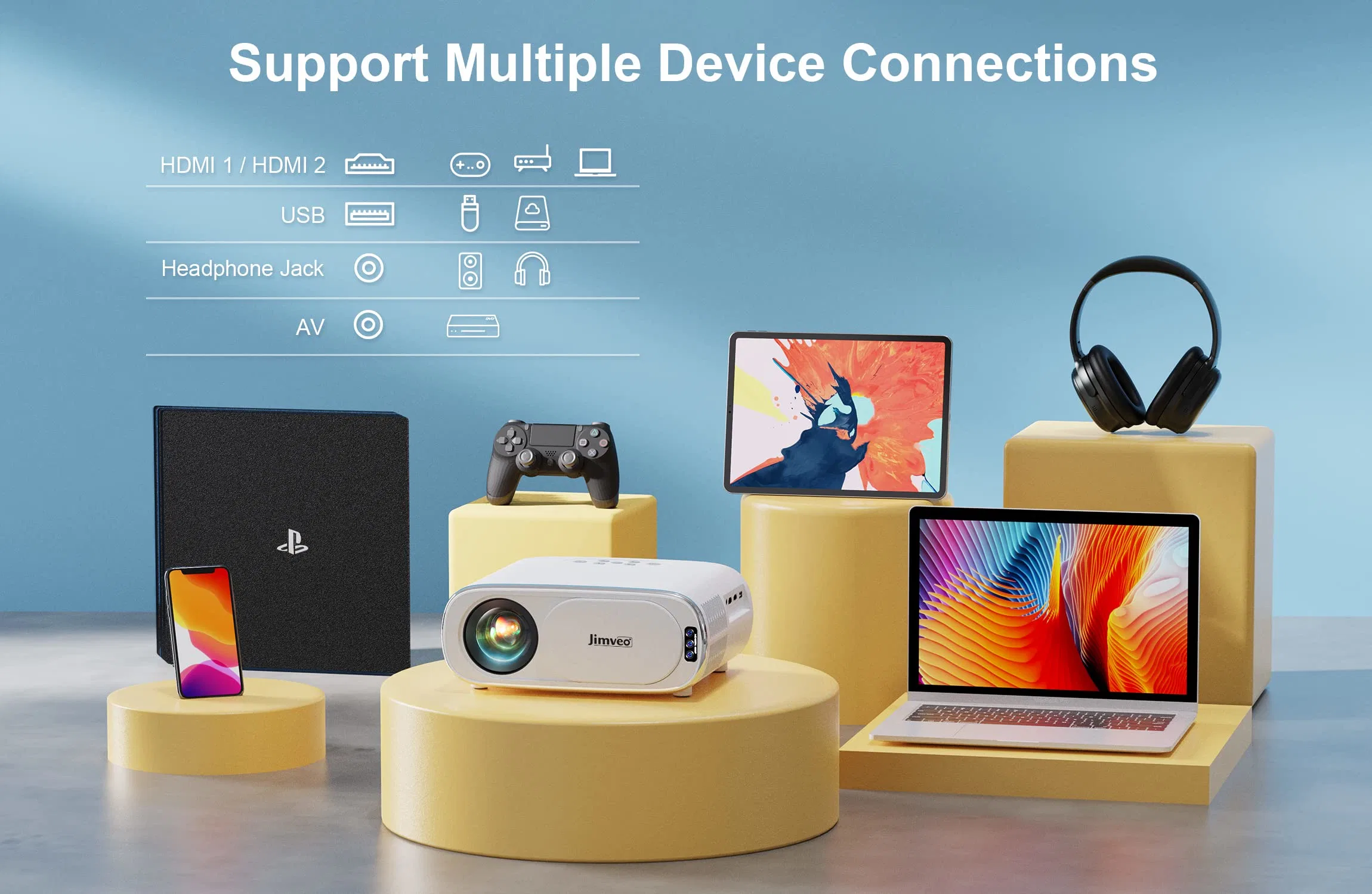 جهاز عرض مع WiFi 6 وBluetooth:Jimveo 490 ANSI سعة 10000 لتر دعم 4K لبروجيكتور الأفلام الخارجي بدقة 1080p، وظيفة Auto 6D Keystone، زووم 50%، وظيفة ذكية محمولة معرف VID LED للمنزل