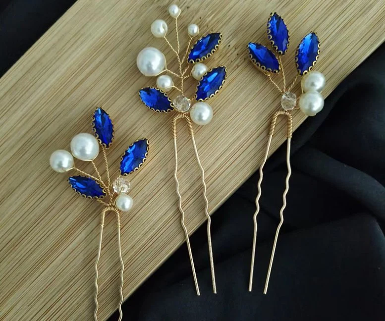 Blue Stone Hair Pin Hair Stick. Bridal Wedding Pearl Hair Pin Hair Stick.