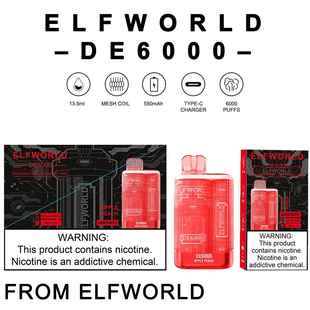 Original Elfworld De6000 6000puffs Disposable/Chargeable Electronic Cigarette Starter Kit Strength 5% Vape E-Juice 13.5ml Battery 600mAh Disposable/Chargeable Te5000 Mesh Coil