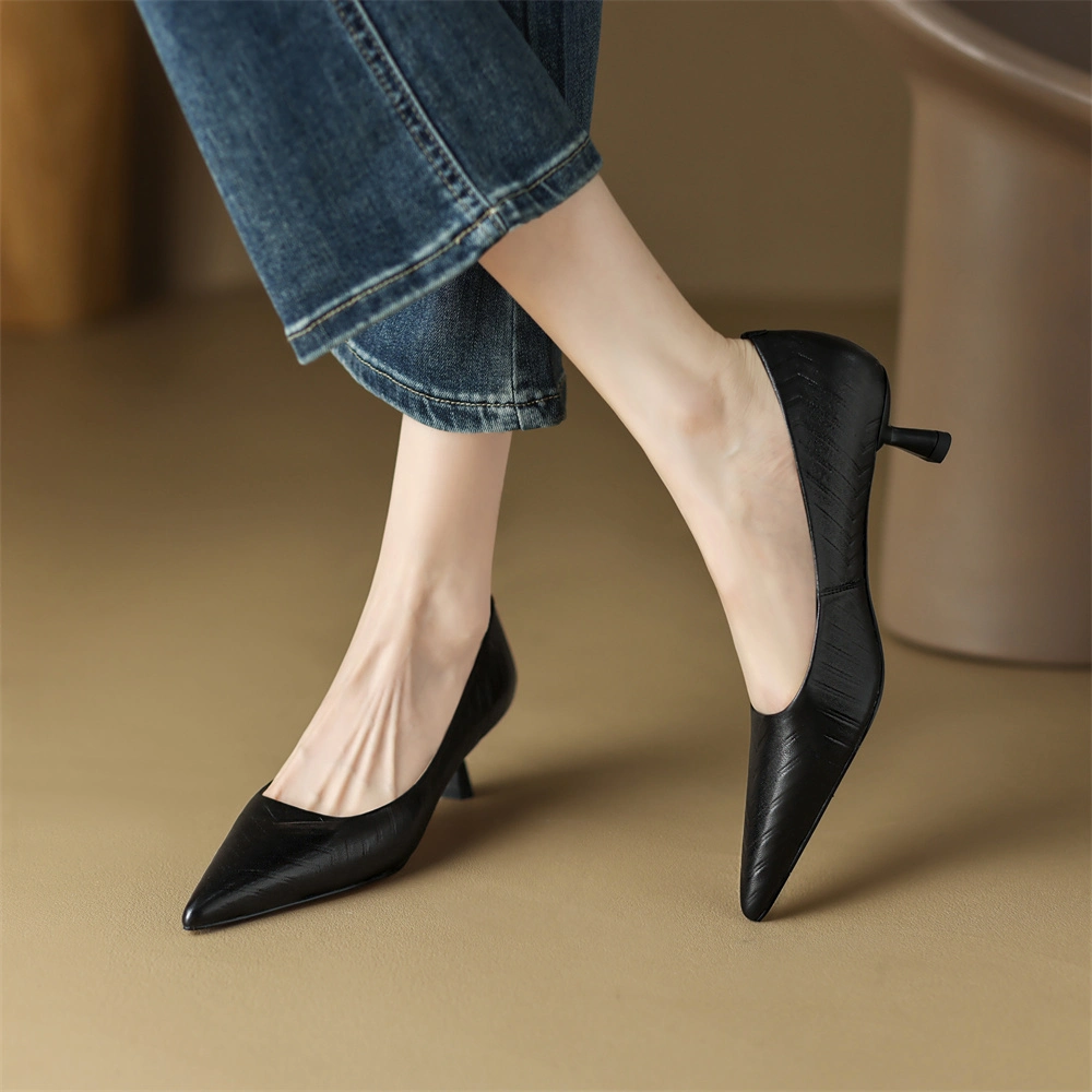 Elegant Pointy Toe Office Wear Ladies Shoes Black Pumps Kitten Heel Dress Shoes for Women