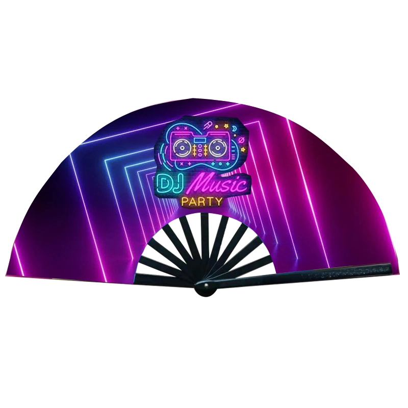 Custom Printed Big 33cm Clack Custom Logo Printing Fabric Satin Rave Hand Held Fan