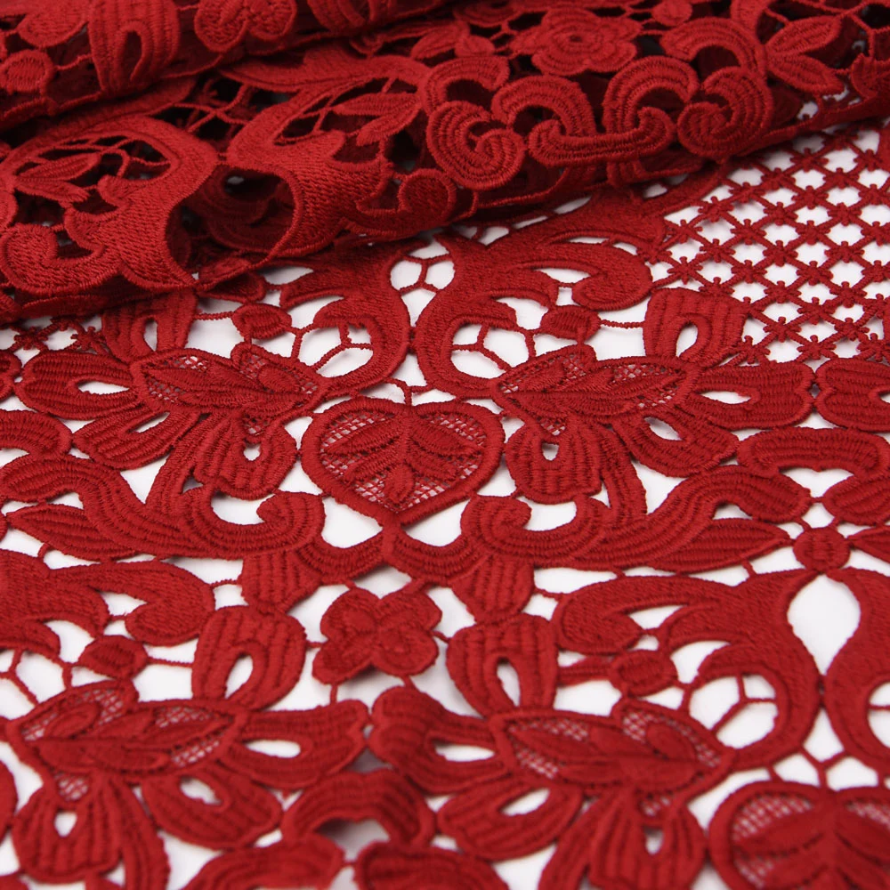 Burgundy Venice Embroidered Lace Fabric French Guipure Lace Fabric