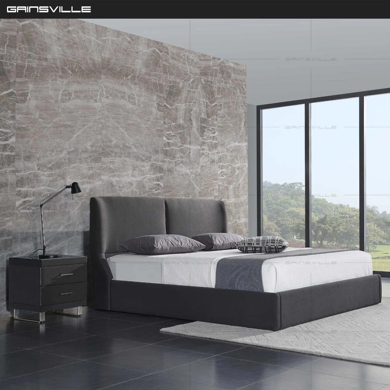 Muebles modernos dormitorios Foshan ajustable de cuero de almacenamiento real de la tablilla de pared cama King Size