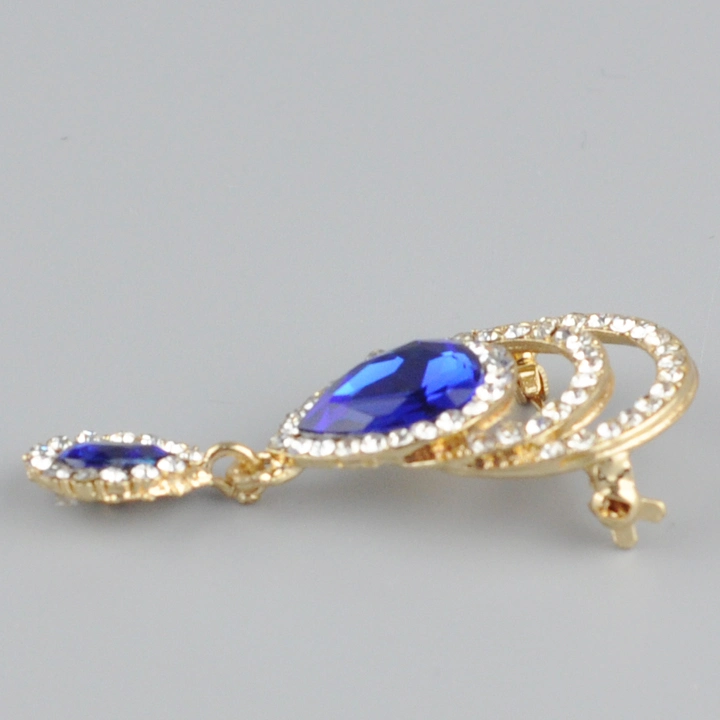 Wholesale New Design Gold Plating Water Drop Blue and Crystal Brooches with Pin