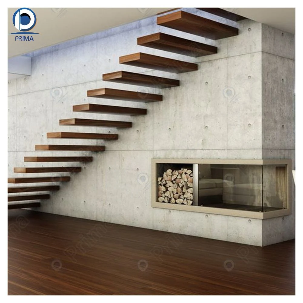 Prima China Products Hot Sell Invisible Steel Stringer Wooden Floating Staircase Hidden Cantilever Stairs Tempered Glass Panel Floating Stair