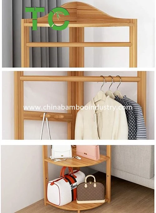 Wholesale/Supplier Multi-Functional Bamboo Corner Coat Stands, Coat Racks, Rack Hanger Corner Hall Tree Coat Rack with Shelf &amp; Storage