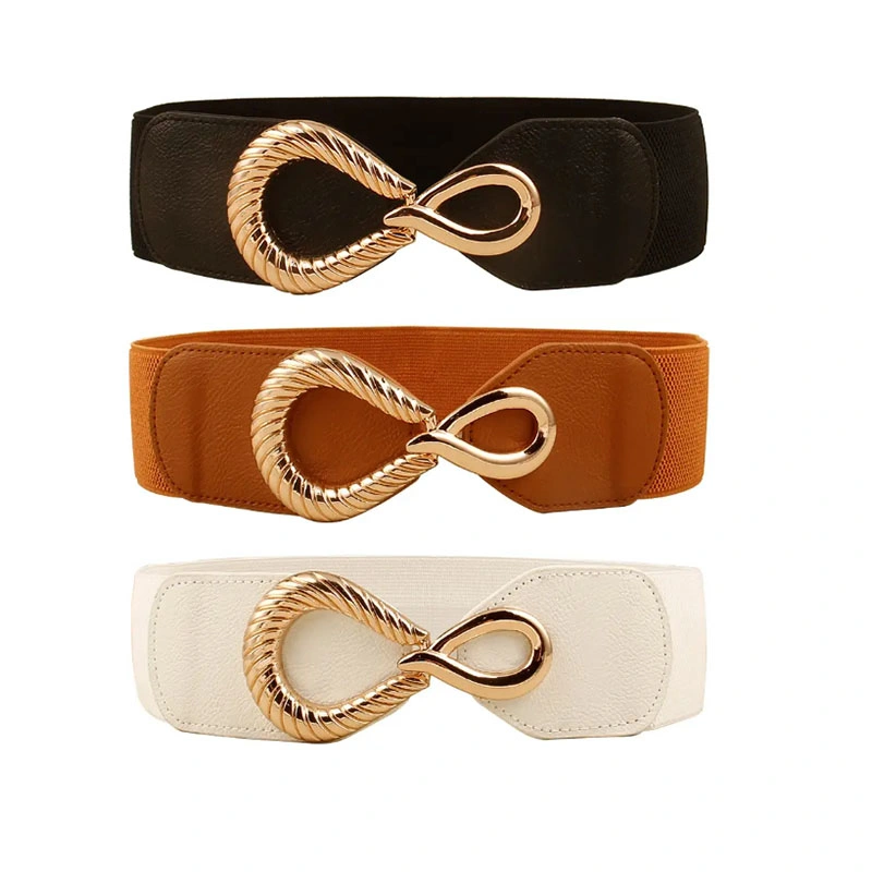 Hot Sale Fashion Gold Double O-Ring Buckle Wide Stretch Elastic Leather Women Waist Belts