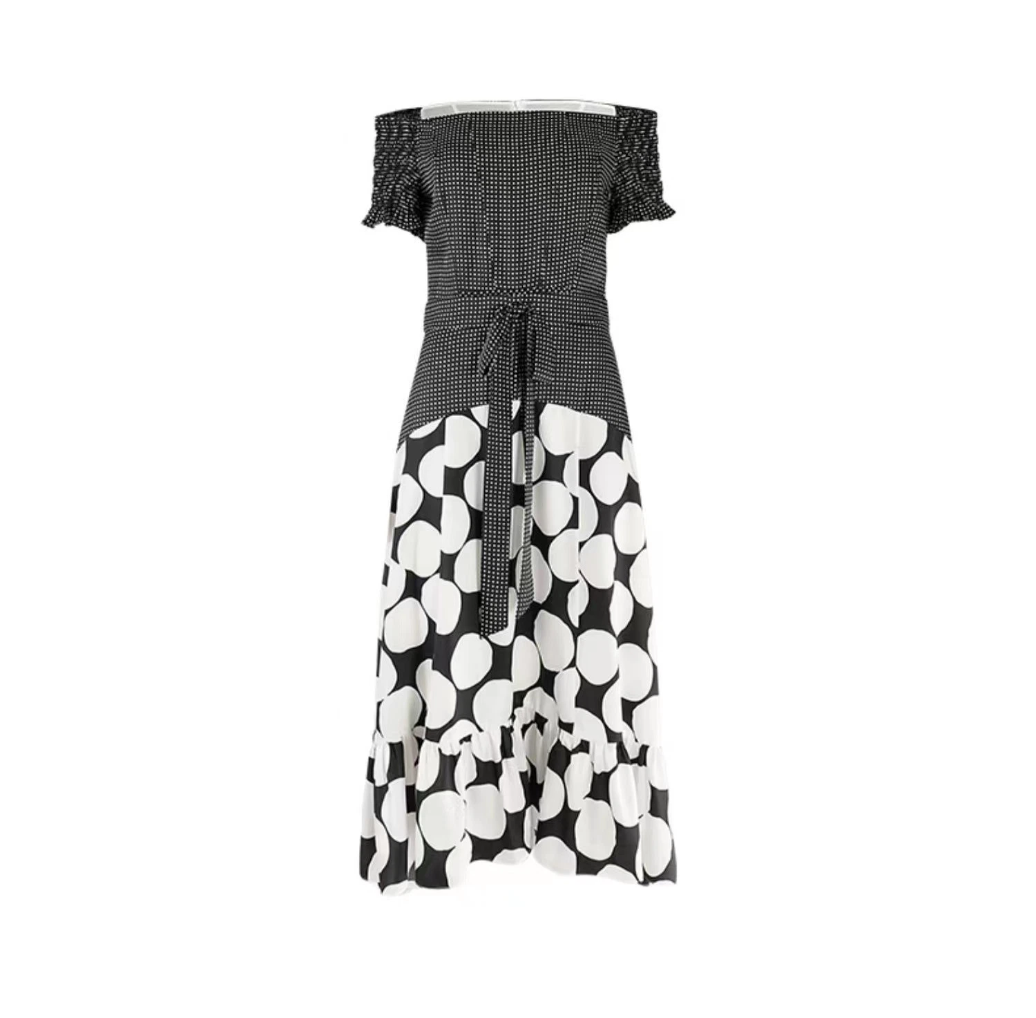 Spring New Design Black/White Dots Printed High-Low Bottom Ladies Dress