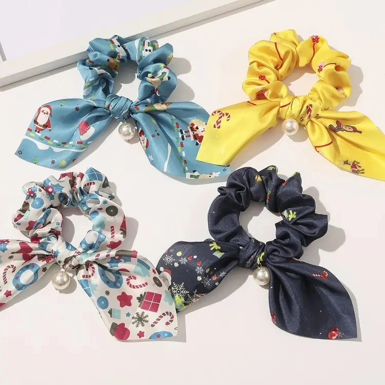 Venda por grosso de impressão Floral Scrunchies Pearl Tirante Cabelo Rainbow Scrunchie Seda Girl Hair Acessórios Acessórios