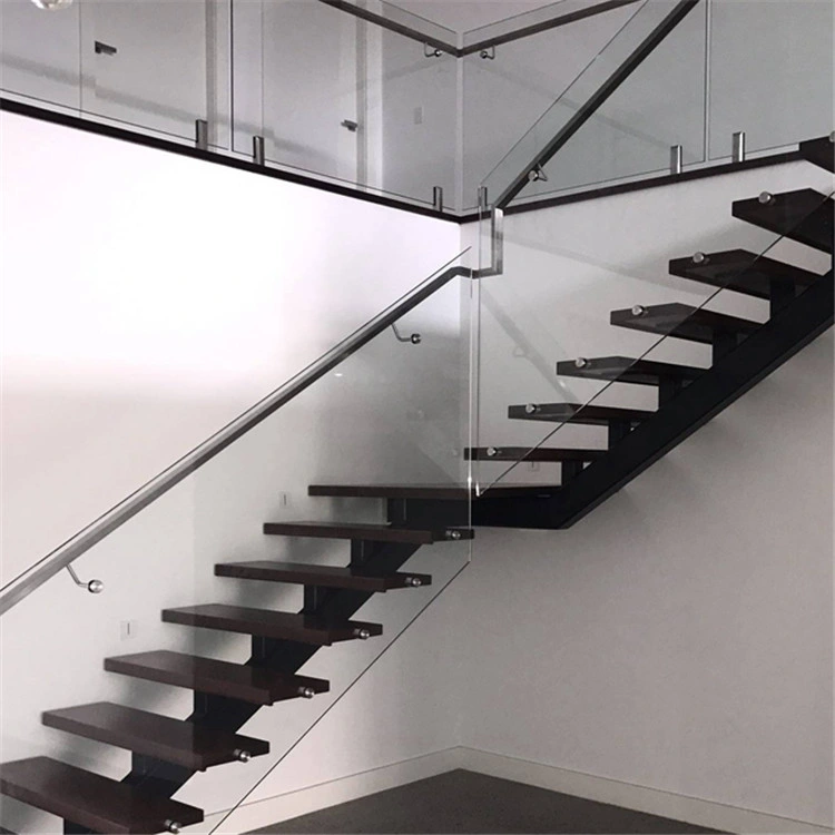 Solid Wood Straight Staircase Frameless Mirror Surface Glass Railings