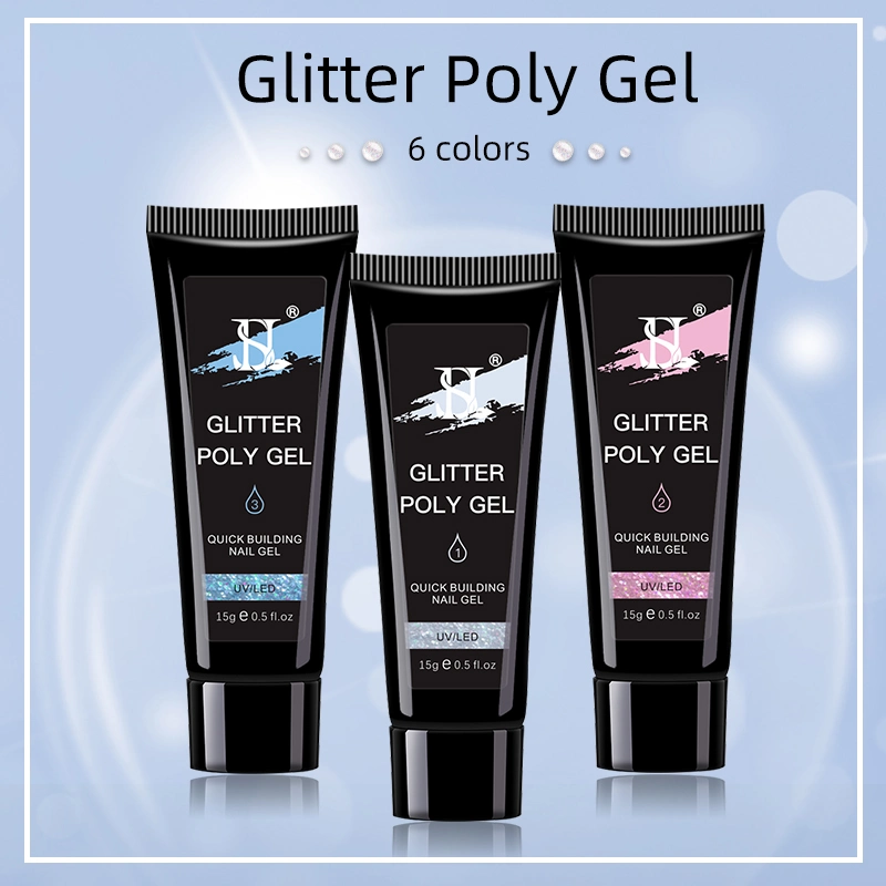 HS suministros de uñas de alta calidad de etiqueta privada de 6 colores de uñas de gel de Poly Poly Gel Glitter