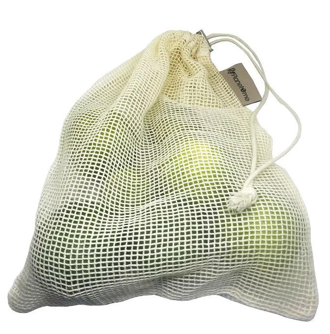 La Producción de comestibles de malla de bolsas reutilizables bolsa con cordón de algodón orgánico plegable Bolsa grande lavable para ir de compras frutos