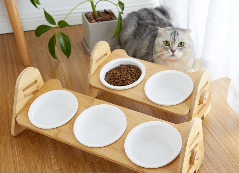 Élévation de bols en céramique Cat, petit chien 15° incliné a soulevé la nourriture des plats d'alimentation, en bois massif de l'eau fixés pour les chats d'alimentation du statif et le chiot