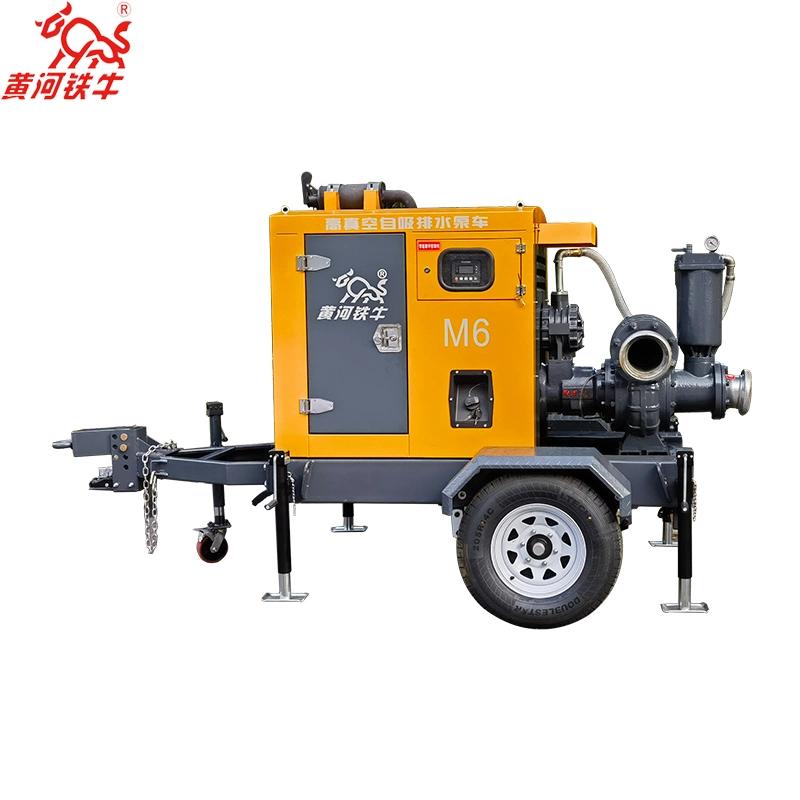 Pompe centrifuge diesel à amorçage à sec à haute aspiration montée sur remorque.