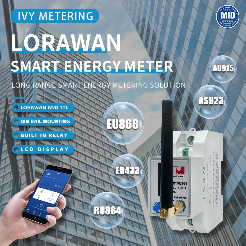 Lora Electric Meter with 868 915 MHz Antenna Single Phase Power Meter Kwh DIN Rail Smart Energy Meter