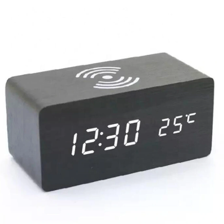 Digital Desk Clock Wooden Wireless Smart LED Light Alarm Clock Charger
