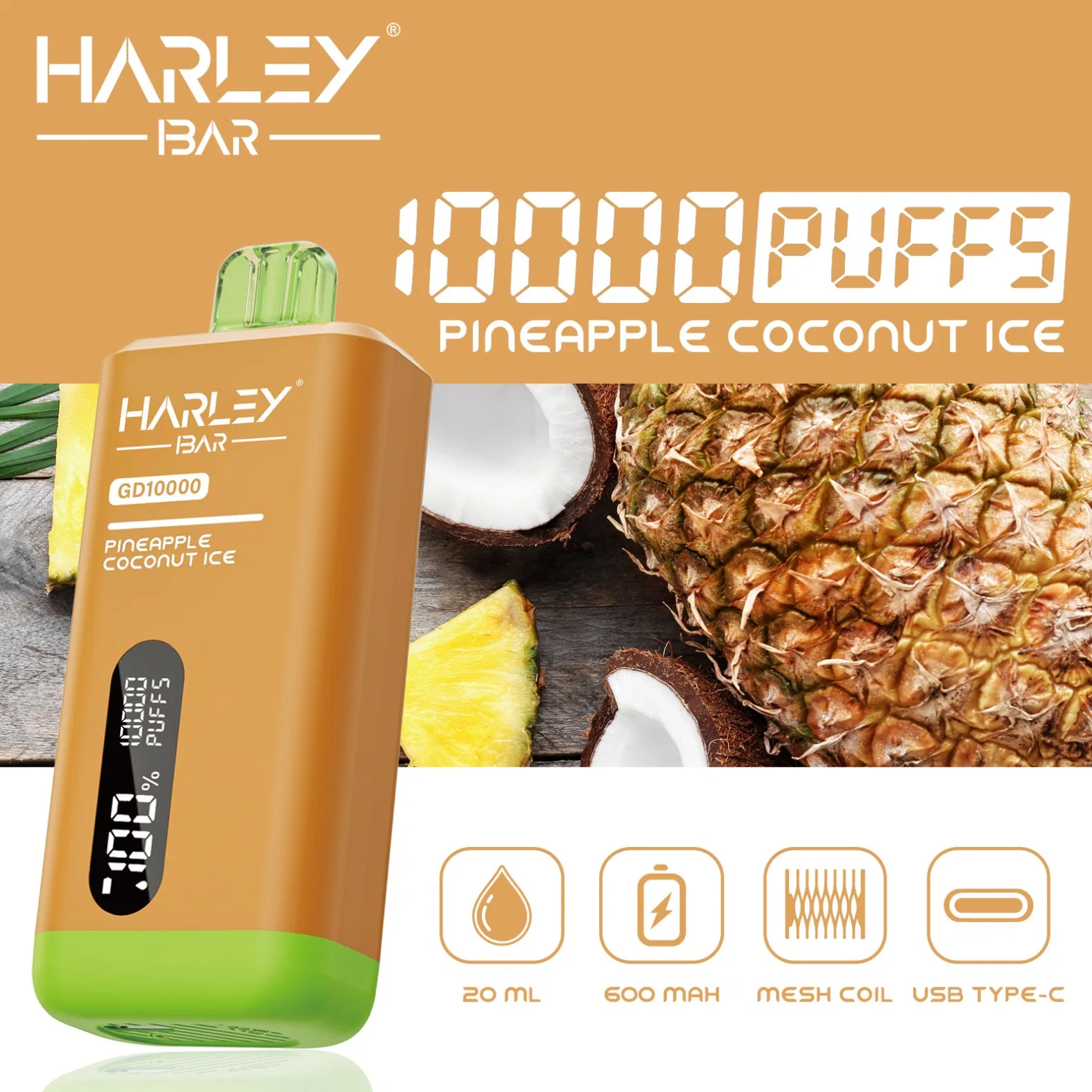 2024 Nueva pantalla LED original de fábrica desechable vape Harleybar Gd10000 Soplos