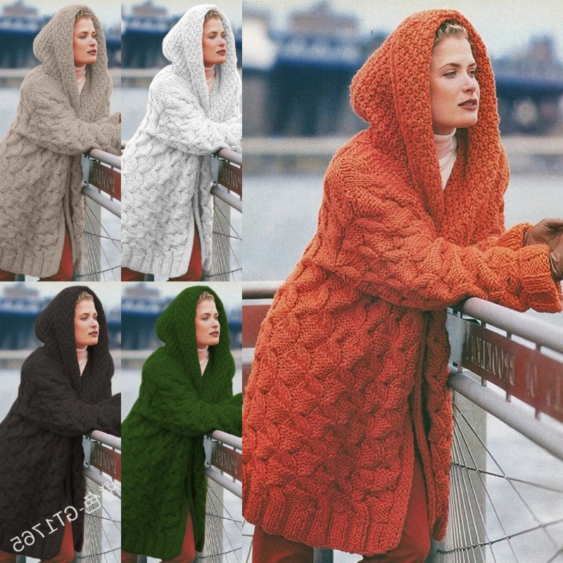 Mujer Invierno largo tejer encapuchado abrigo grueso suéter sueltos Cardigan