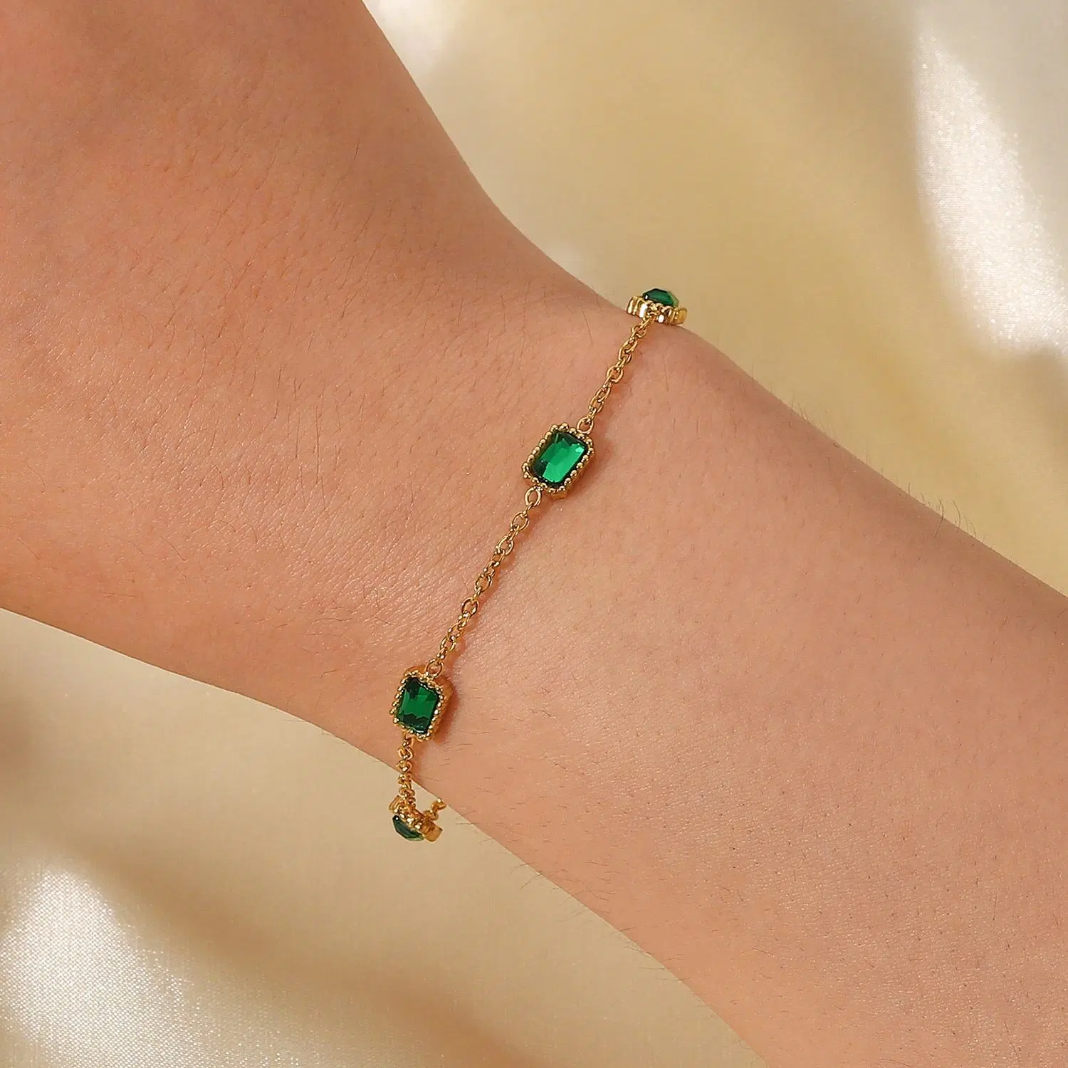 Gold Plated Stainless Steel Green Cubic Zirconia Bracelets