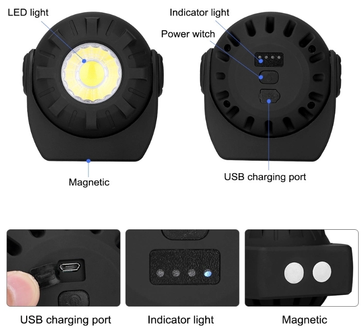 La rotación ajustable de 180 grados de trabajo de inspección de coche portátil Lámpara de luz LED 3W portátil recargable luz LED de trabajo magnético