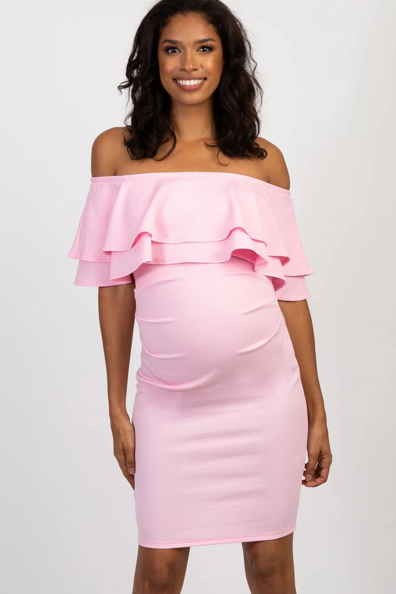 White off Shoulder Ruched Maternity Dress