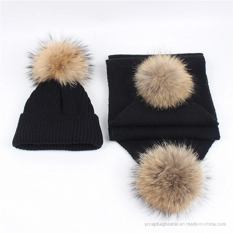 Warm Winter Knitted Poms Women Hat and Scarf Set