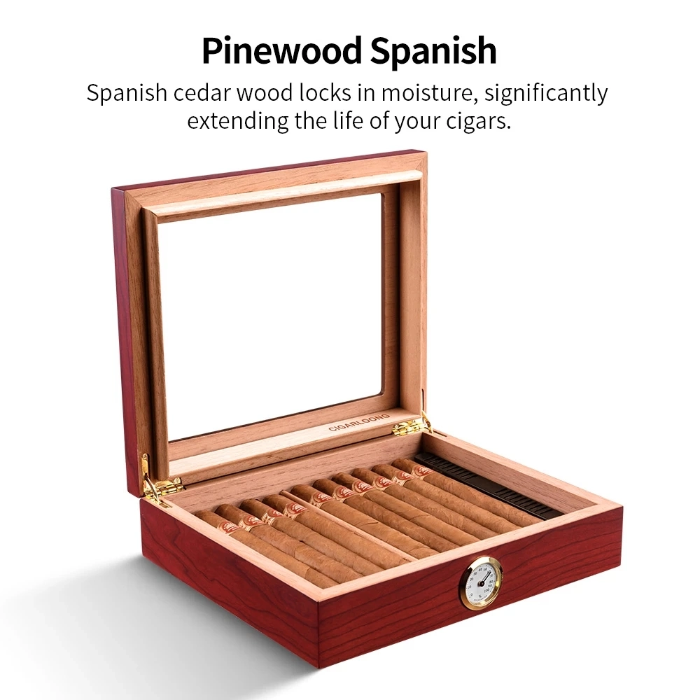 Caja de cigarros Humidor de madera de cedro con humidificador para cigarros Cohiba Maletín portátil caja de puros con Metal higrómetro colocar 35pcscigar