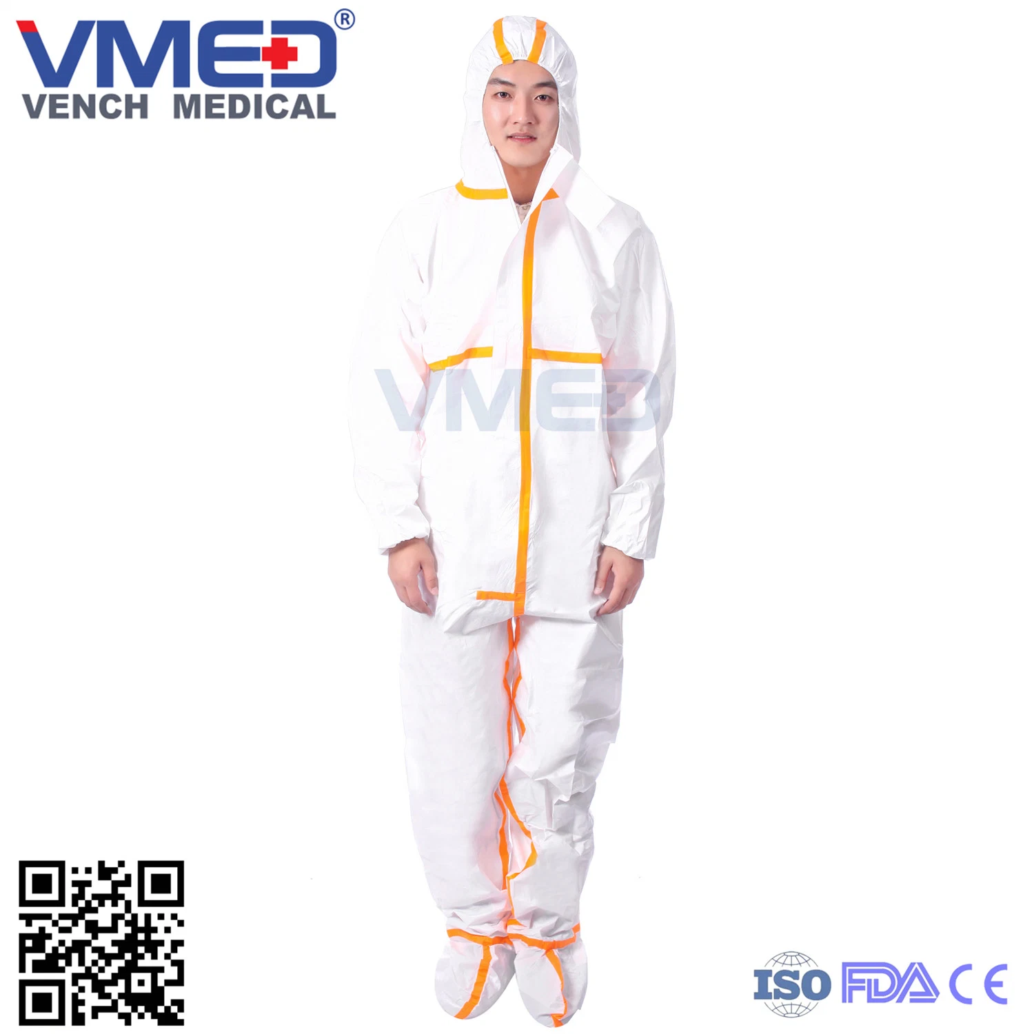 Disposable Type 5/6 White Micro-Porous Coverall with Orange Adhesive Strip