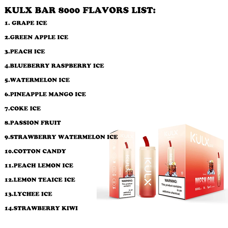 Authentic Kulx 8000 Puffs Einweg-Vapes Pen E Zigarettenanzünder-Kit Wiederaufladbare 850mAh-Batterie 18ml vorgefüllte Kartuschen 0% 2% 5% Mesh Spule 8K Verdampfer