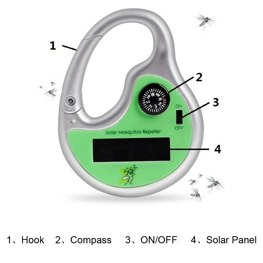 Mini Portable Solar Powered Ultrasonic Mosquito Repellent Killer with Hook Compass Outdoor Pest Repeller