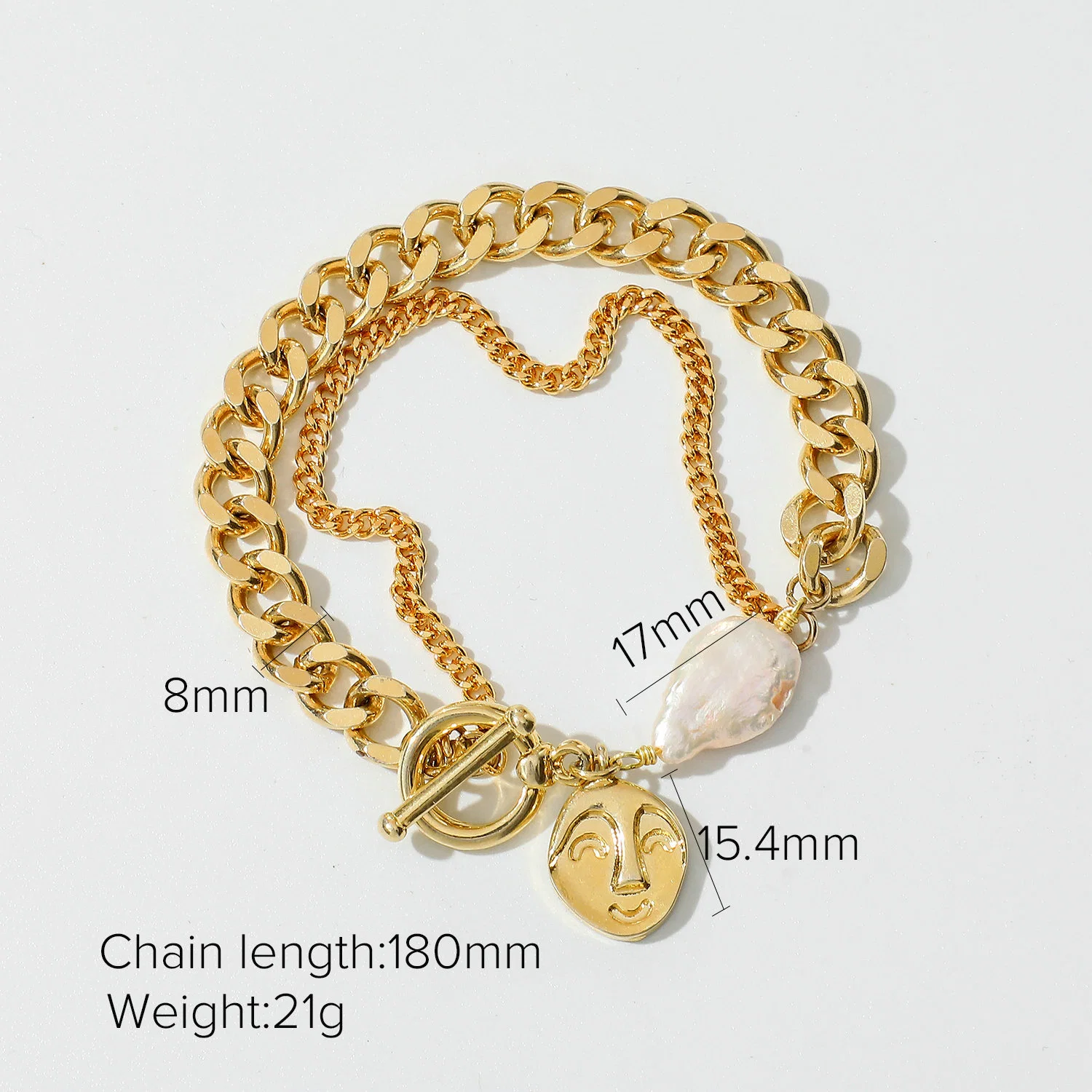 European and American Multi-Layer Cuban Chain 14K Real Gold Gold-Plated Face Pendant Bracelet Female Jewelry Gift Baroque Pearl Bracelet Wholesale/Supplier Price