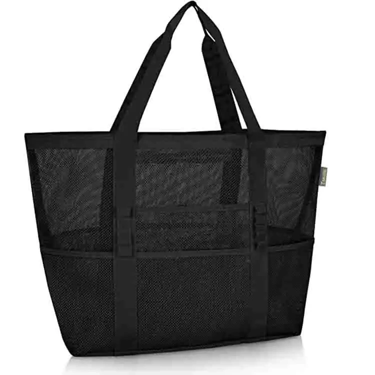 Large Size Black Beach Bag Pool Bag Large Capacity Mesh Beach Tote Bag Toys, Towel, Flip Flops Beach Bag