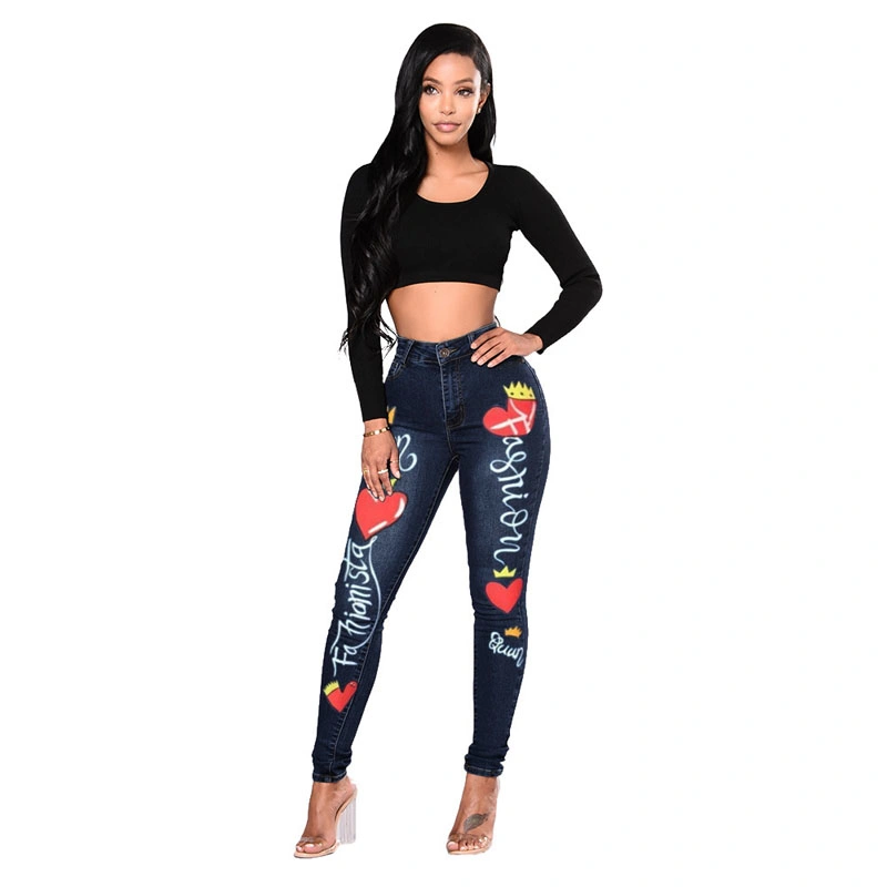 Hot Summer Women's Fashion All Match Tight Love Printed Jeans Female (CFJPFM-034)