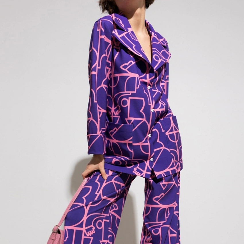 2023 Fashion Spring Printed Purple Pajama Sets Luxury Brand Satin Pyjamas Summer Lounge Wear