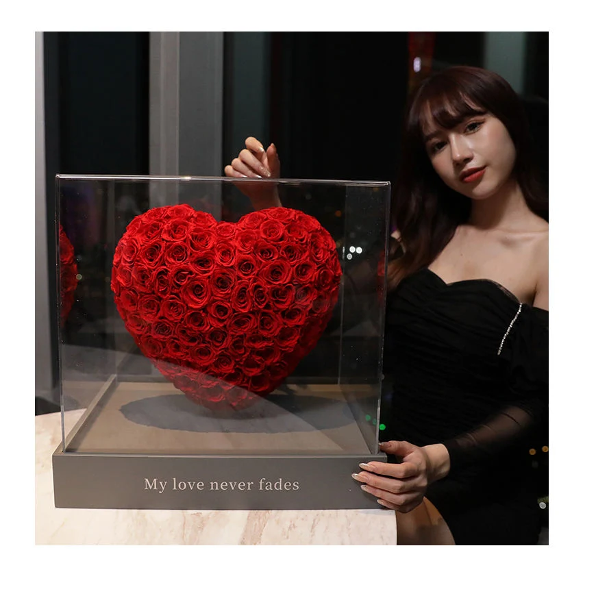 Wholesale/Supplier Big Heart Shaped Preserved Rose Gold Artificial Flowers Immortal Infinity Eternal Rose in Acrylic Box for Valentine Day's Gift