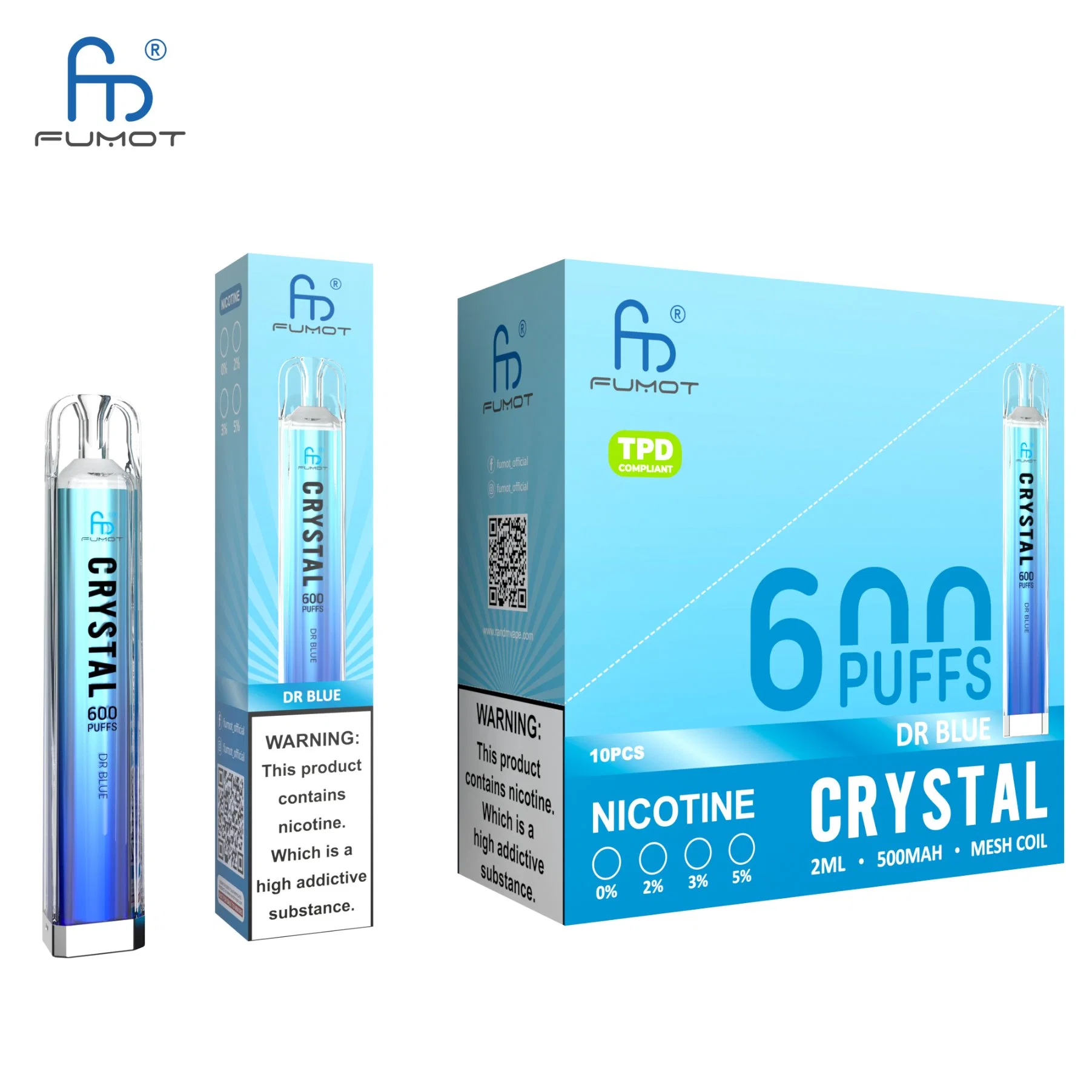 E-cigarette de haute qualité Randm Crystal 600bouffées Fumot Original Mesh Vape jetables de bobine